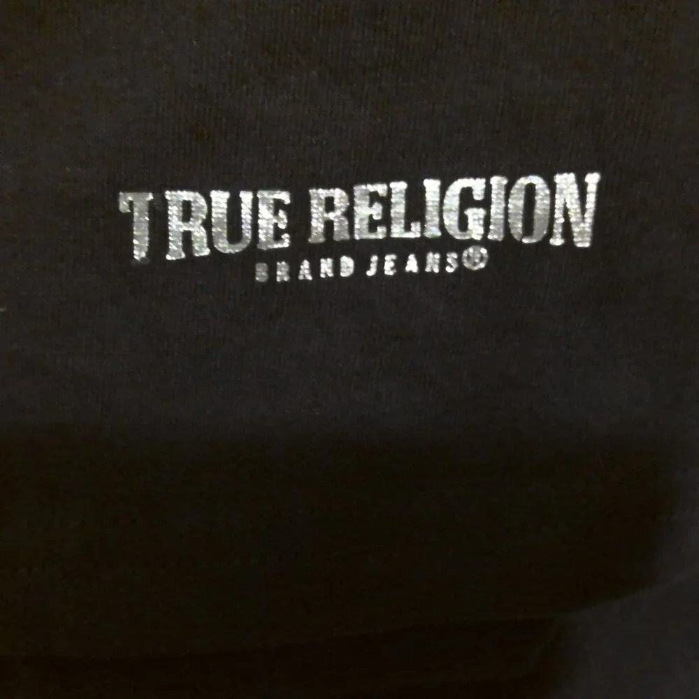 True Religion Men's Tee Shirt Short Sleeve Black Silver Horseshoe Logo EUC Sz L